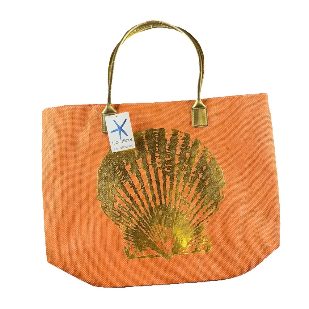 Sealife Burlap Tote Bag Orange‎ Gold Seashell Beach Shopping Bag 18" X 14"